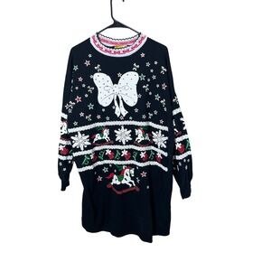 Vintage Savoy Christmas Dress One Size Black Holiday Rocking Horse Bows Stars